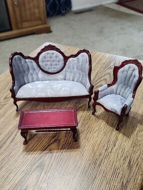 Miniature doll house furniture Victorian sofa couch chair coffee table vintage